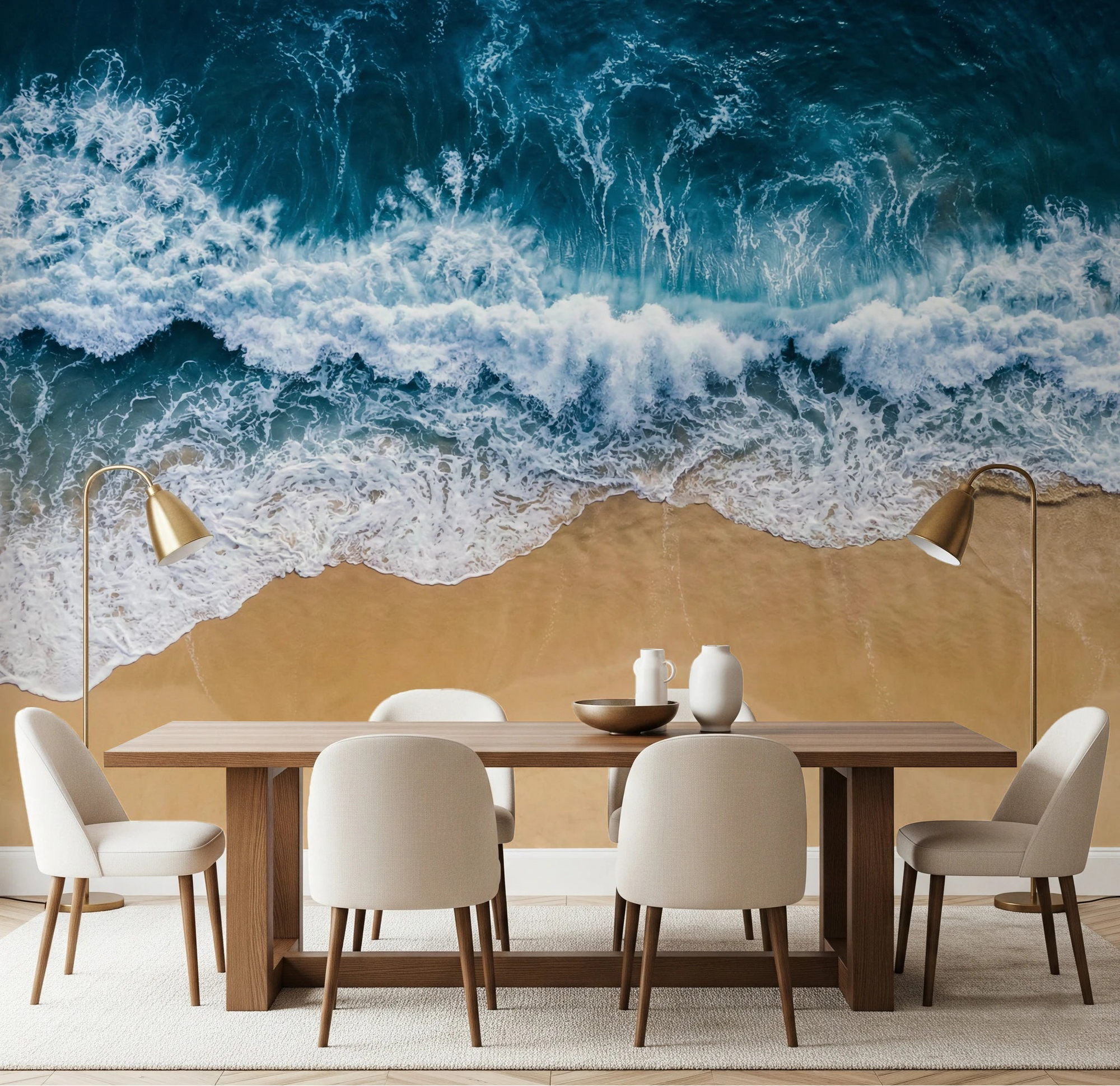 Dining room energized by Coastal Surge Wall Mural and its crashing wave shoreline view, GD8672