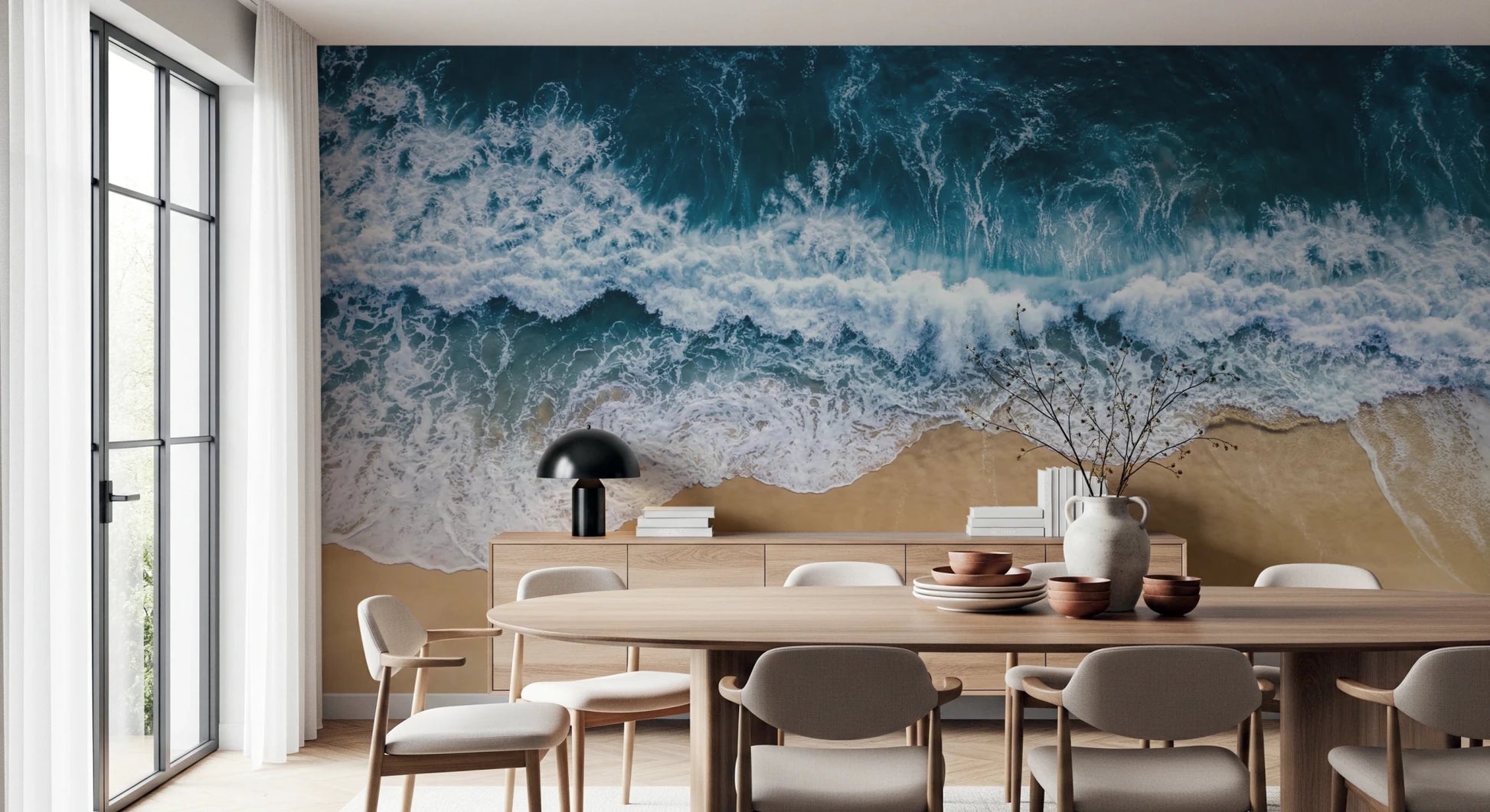 Window-side dining nook paired with Coastal Surge Wall Mural and golden sand below, GD8672