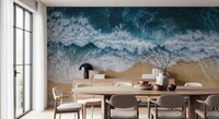 Window-side dining nook paired with Coastal Surge Wall Mural and golden sand below, GD8672