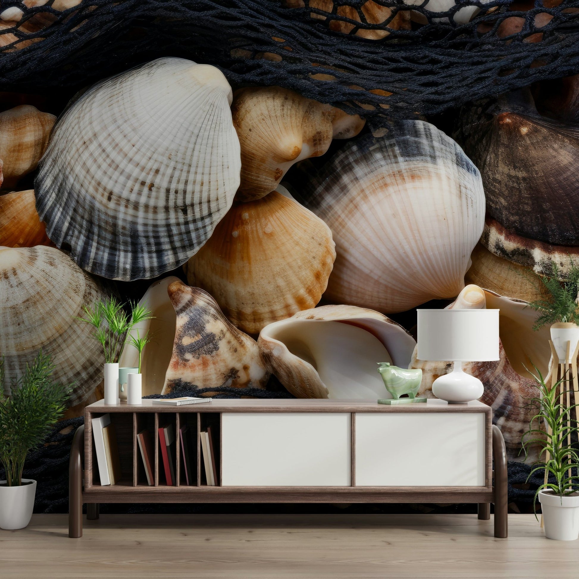 A peaceful modern abstract mural on decorative wallpaper.