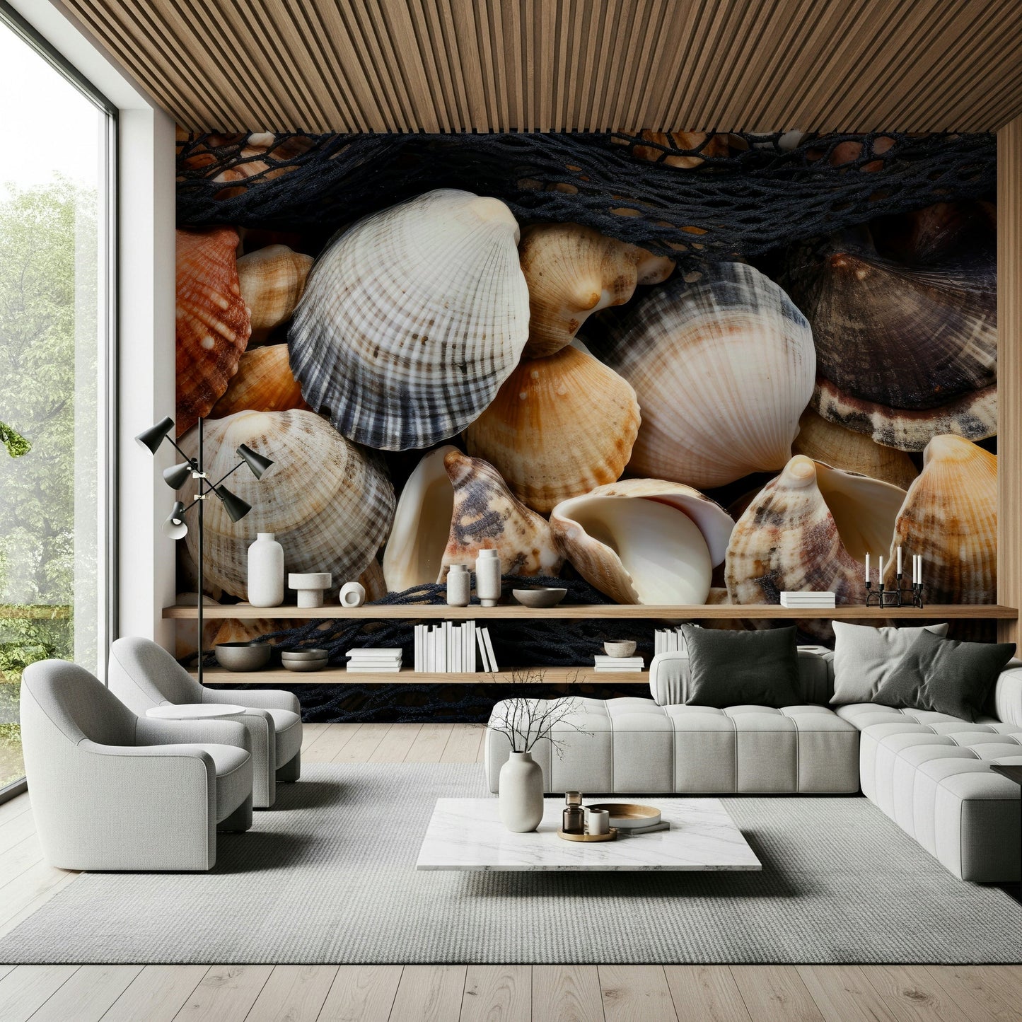 An artistic soft focus seascape mural on minimalist wallpaper.