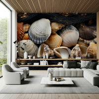 An artistic soft focus seascape mural on minimalist wallpaper.