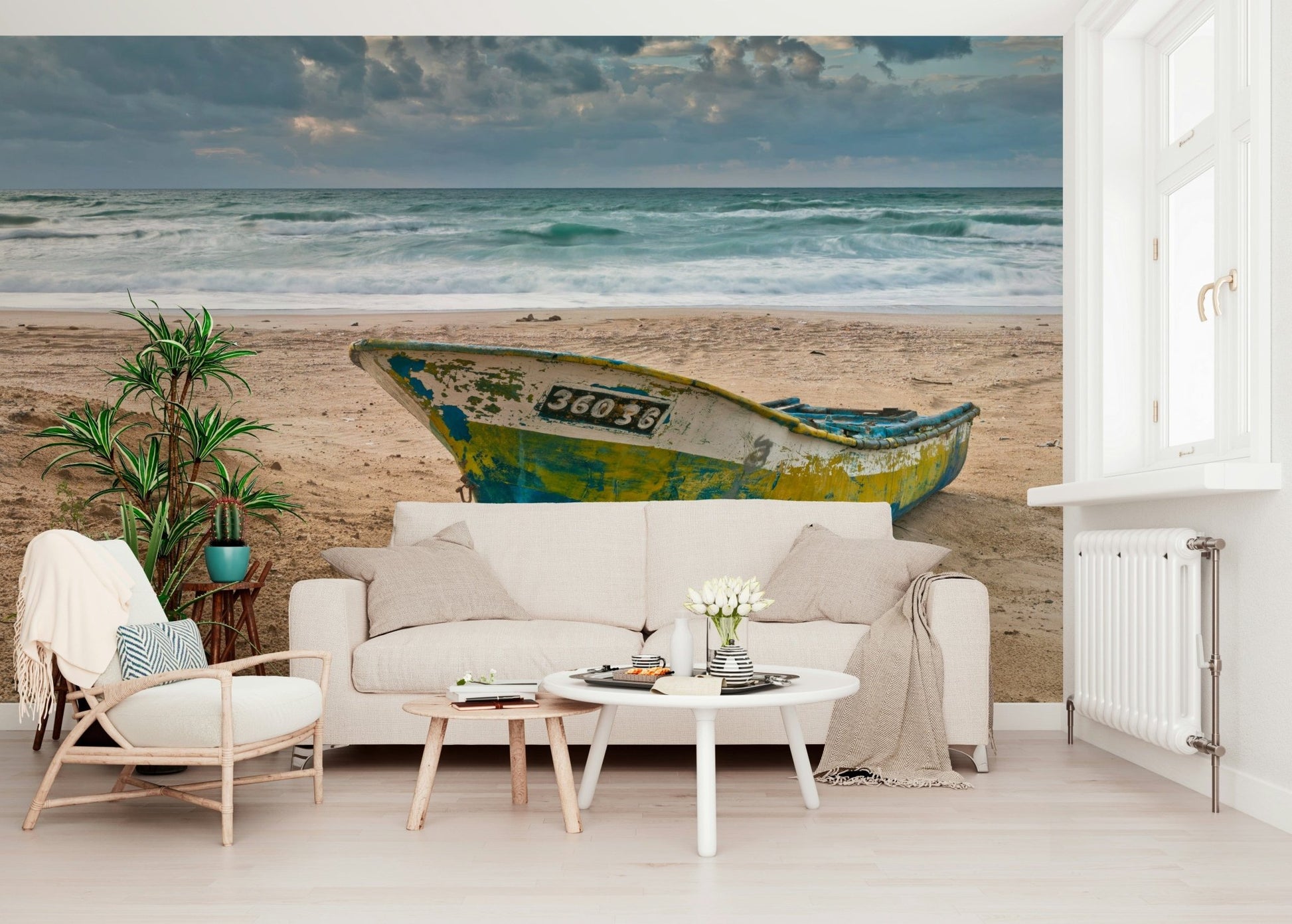 Coastal Vessel decor, stunning seascape, boat resting on golden beach wall mural.