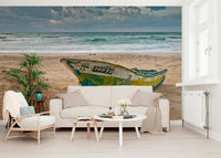 Coastal Vessel decor, stunning seascape, boat resting on golden beach wall mural.