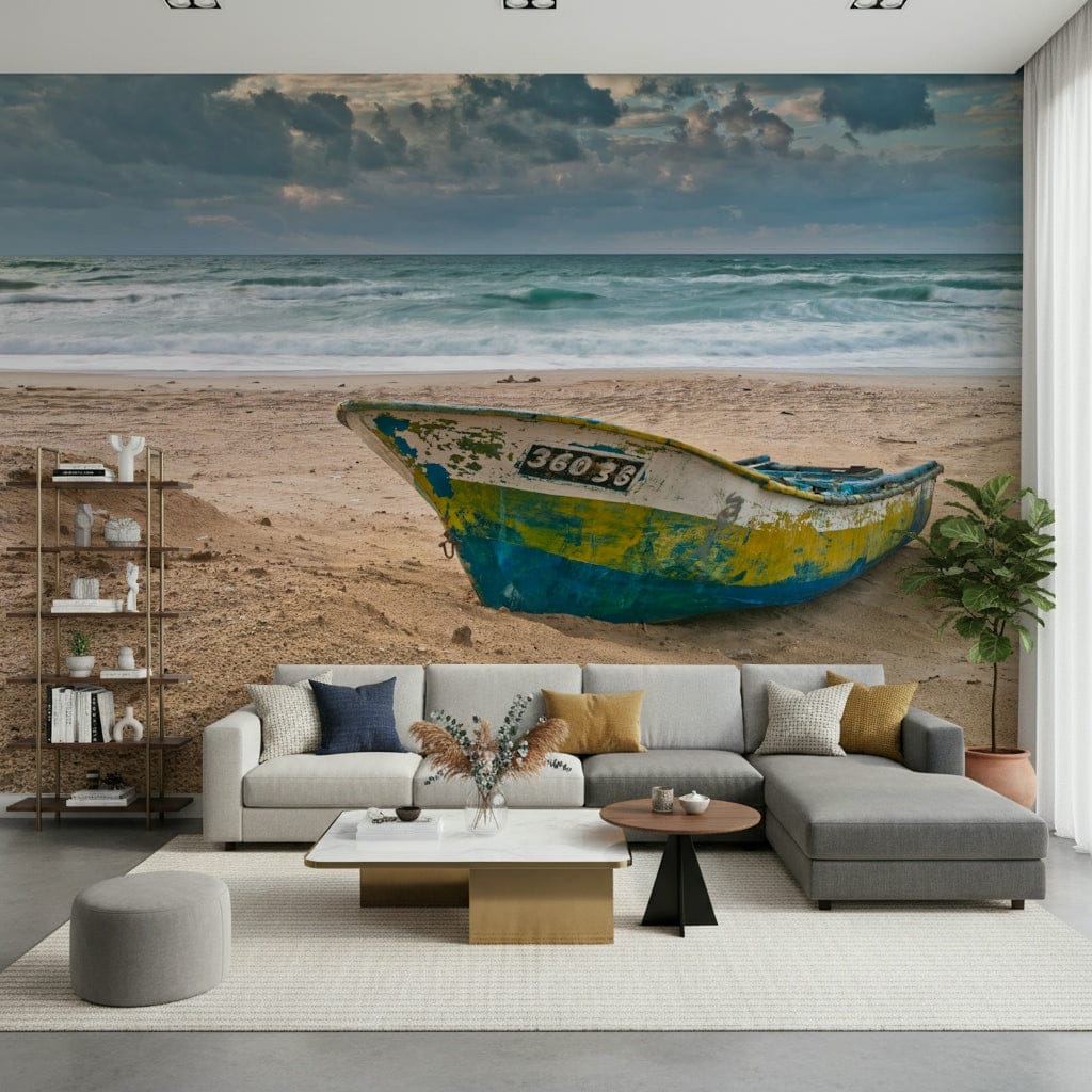 Weathered boat on beach Coastal Vessel scenic wall mural.
