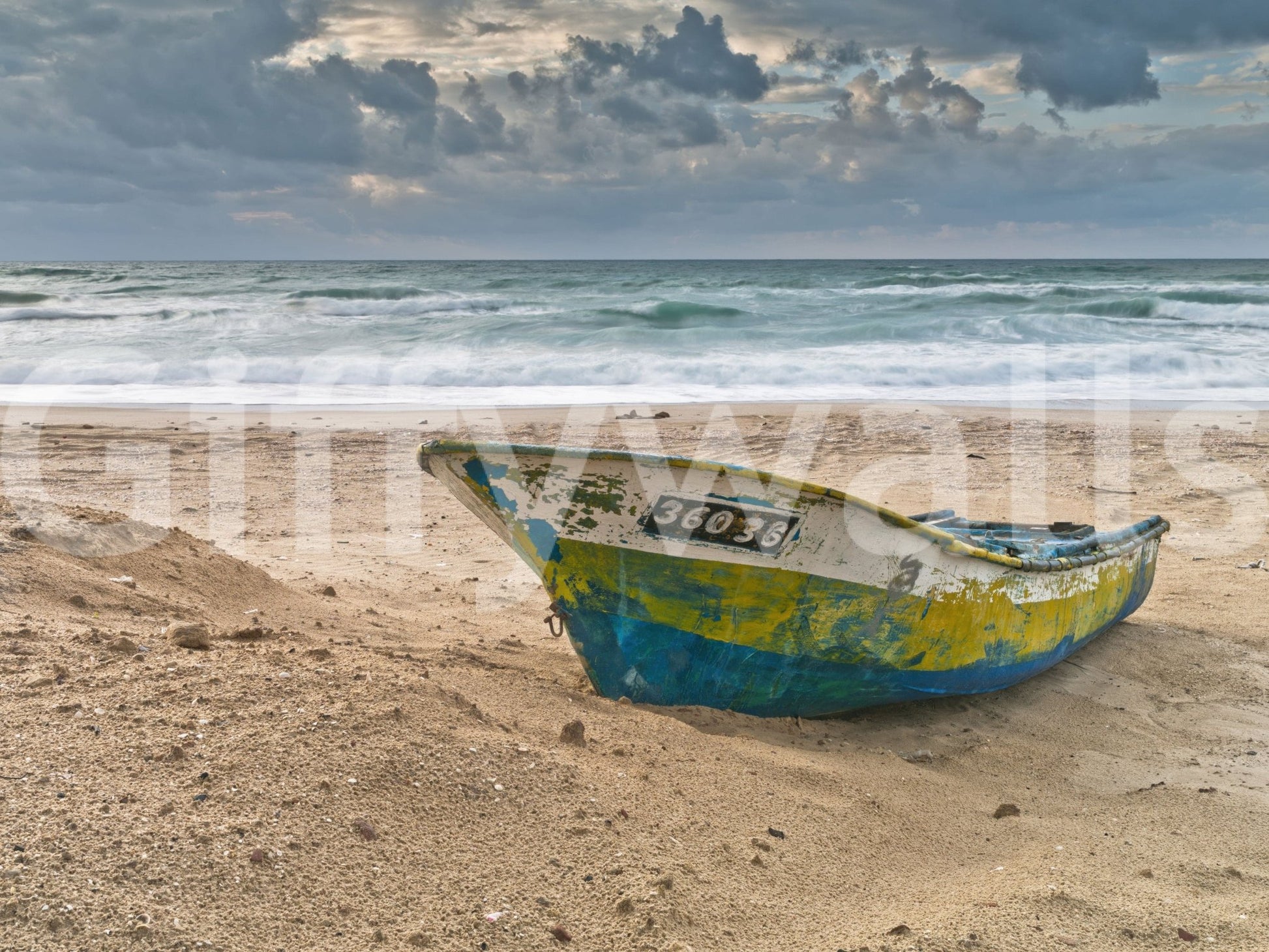 Colorful boat hull, rough sea, beautiful wallpaper for nautical decor.