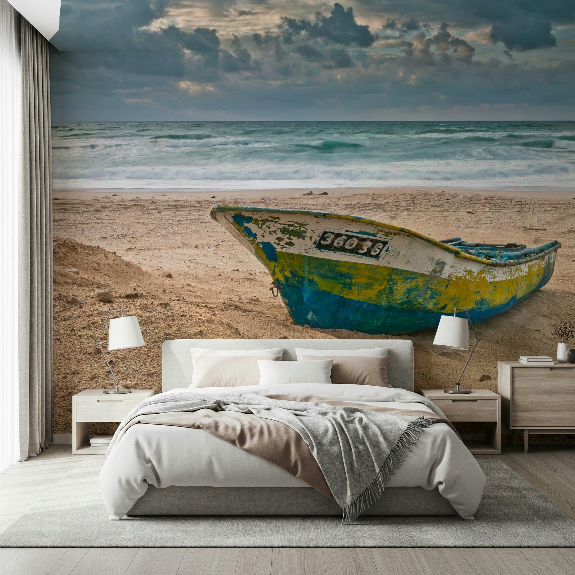 Dramatic coastal art Coastal Vessel  wallcovering design.