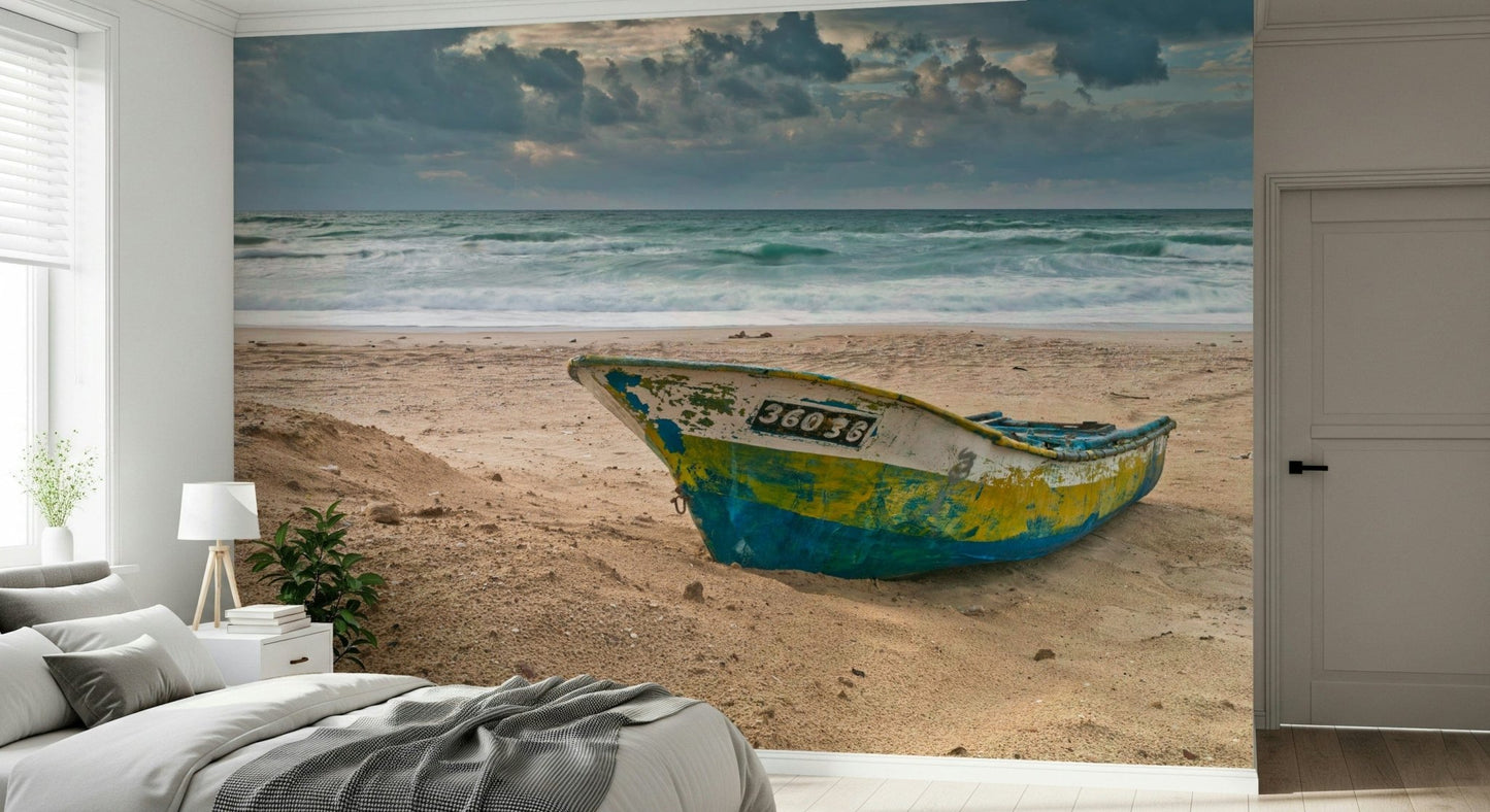 Secluded beach scene, blue and yellow boat, Coastal Vessel product.