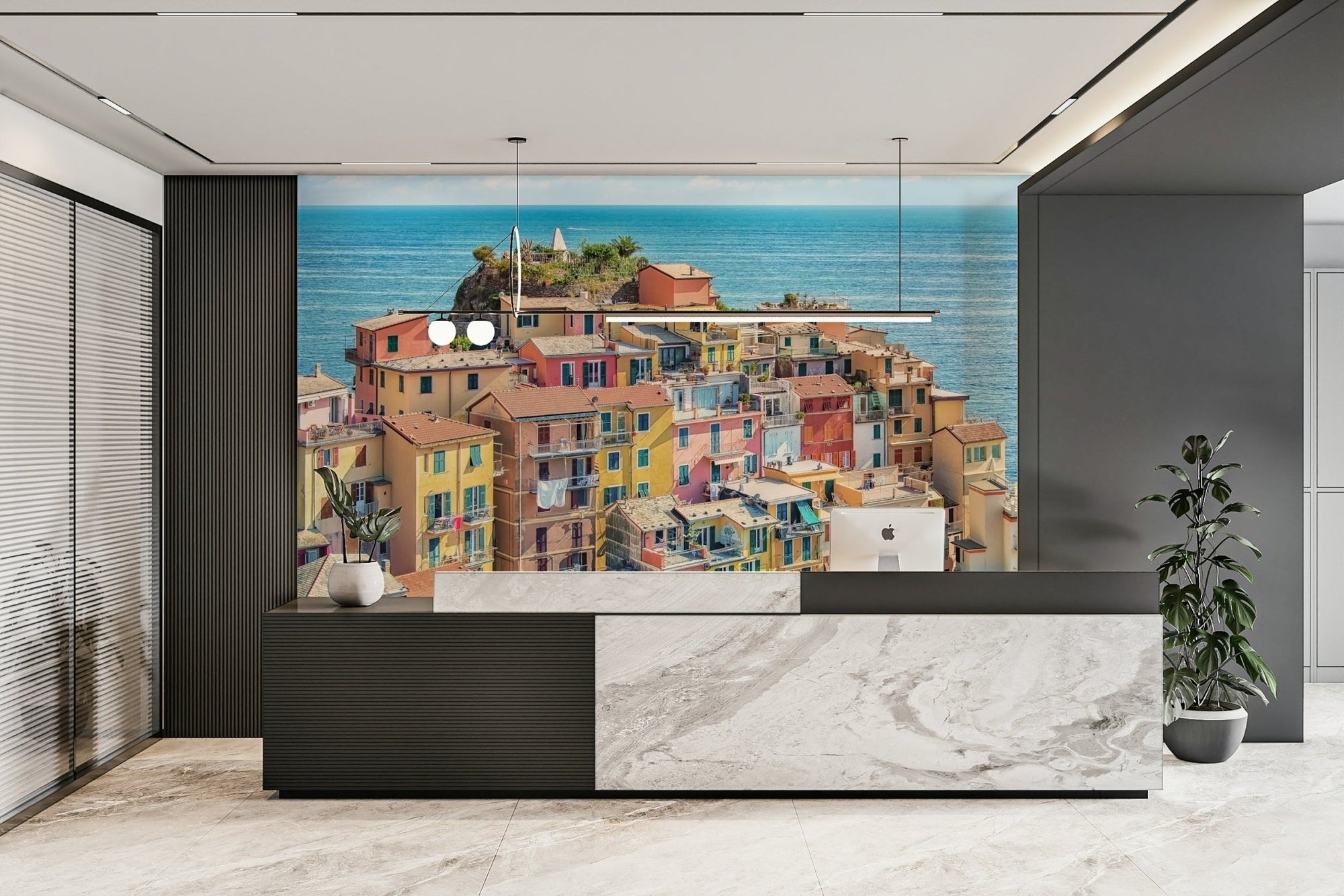 Coastal Village Charm Wall Mural shows colorful seaside houses. GD5069