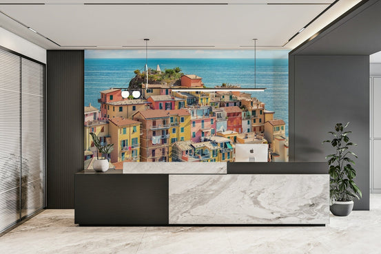 Coastal Village Charm Wall Mural shows colorful seaside houses. GD5069
