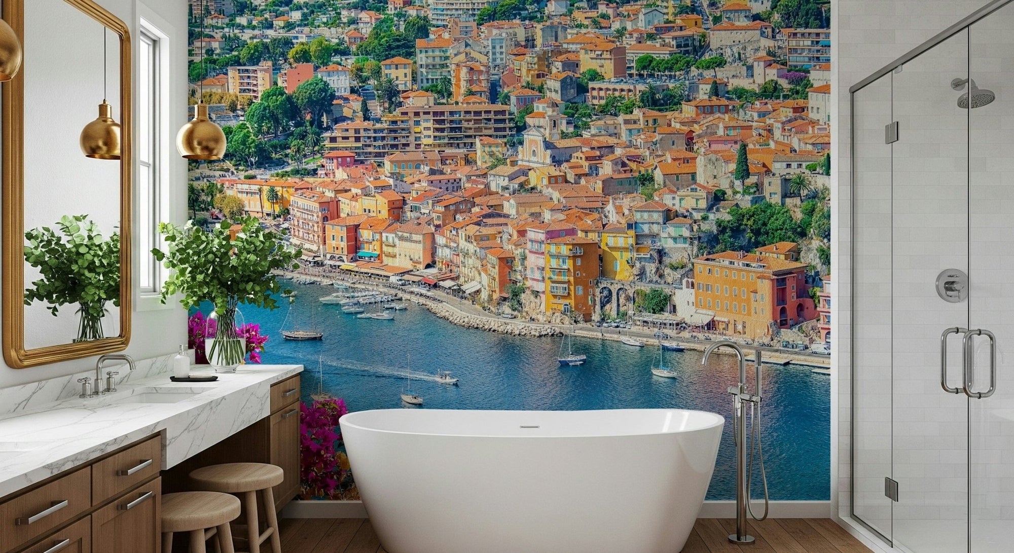 Coastal Village View wall mural showing colorful hillside homes by the sea GD7372