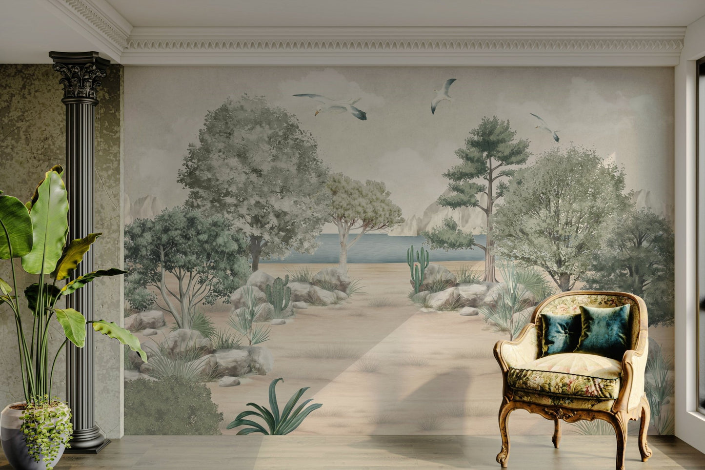 Wall mural with a calm ocean and soft colors

