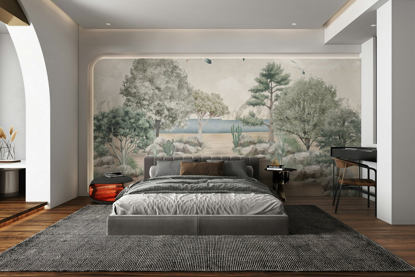 Serene coastal scene with a shoreline

