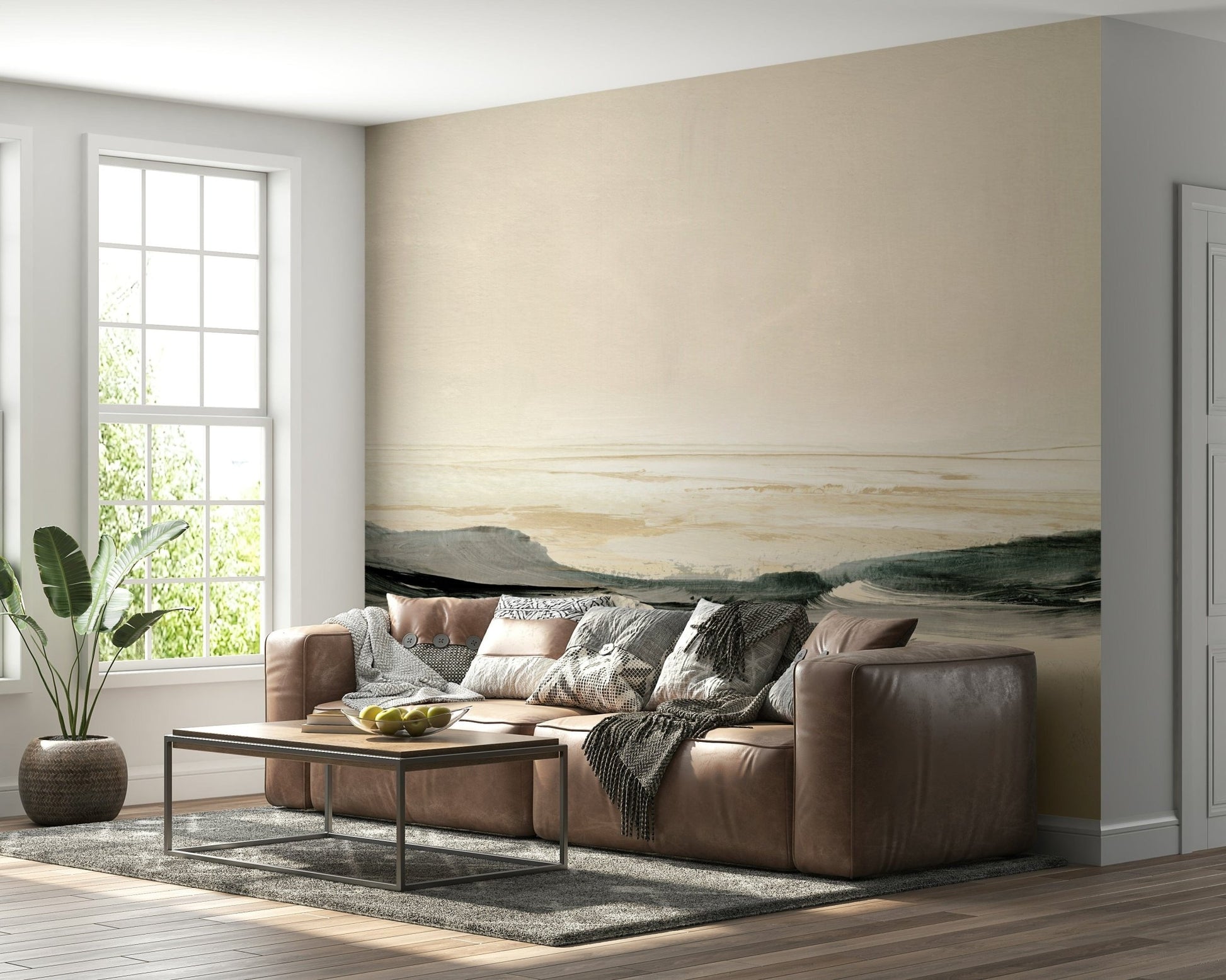 An artistic seaside view mural on minimalist wallpaper., GD5573