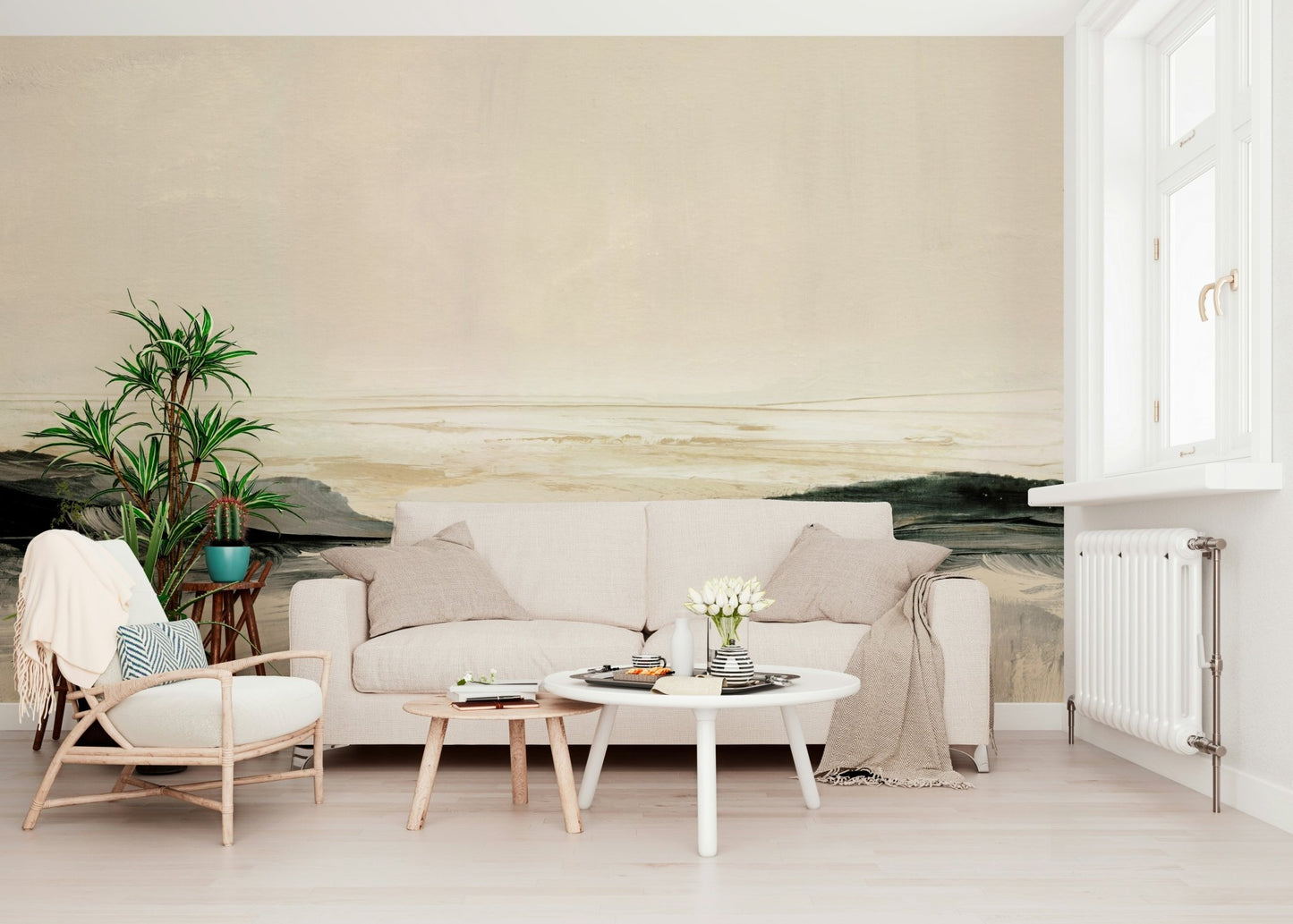 A serene beach landscape wall mural with clear blue water., GD5573