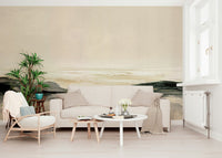 A serene beach landscape wall mural with clear blue water., GD5573