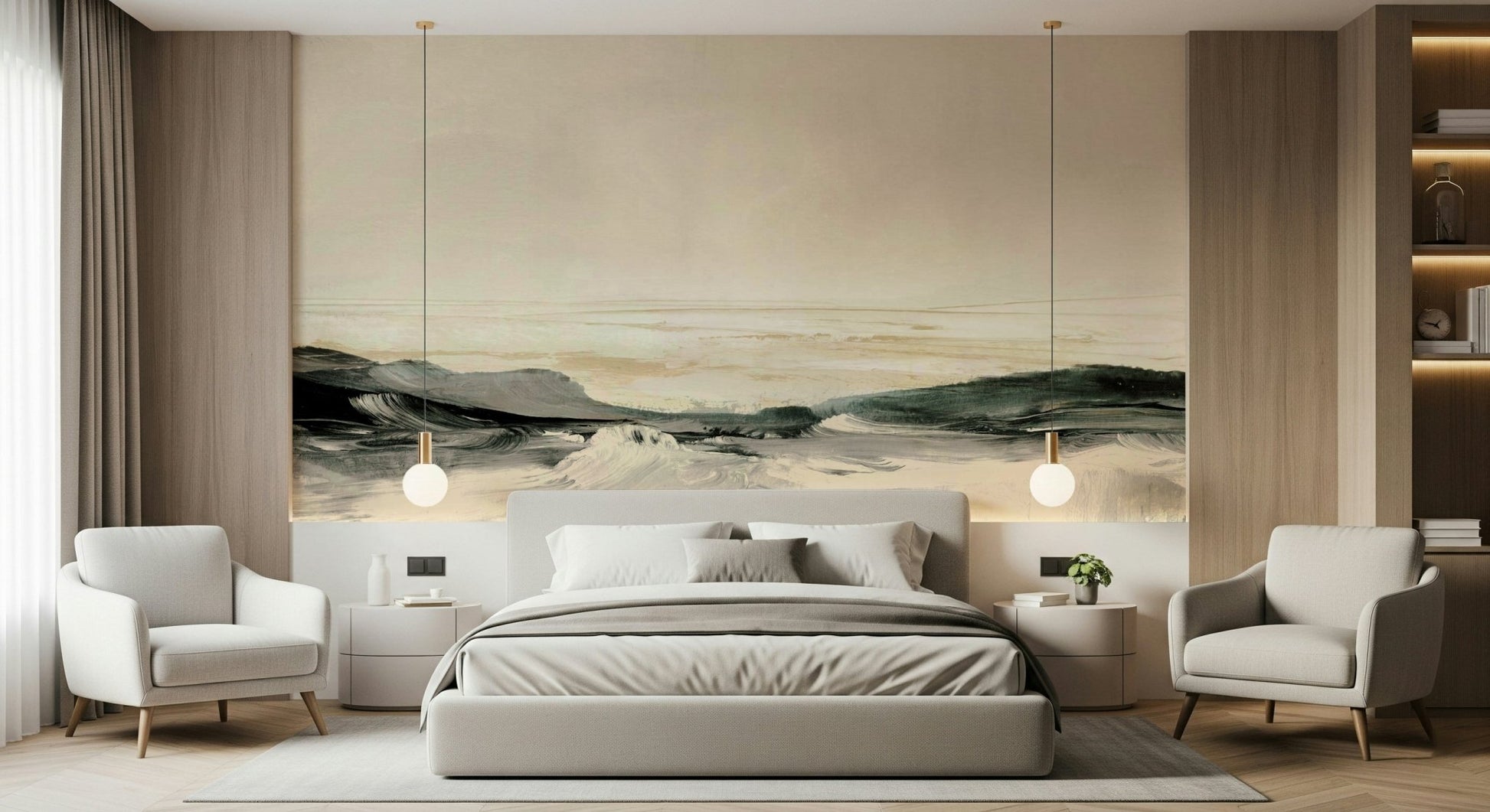 A beautiful panoramic coastal vista wallpaper mural for a serene home., GD5573