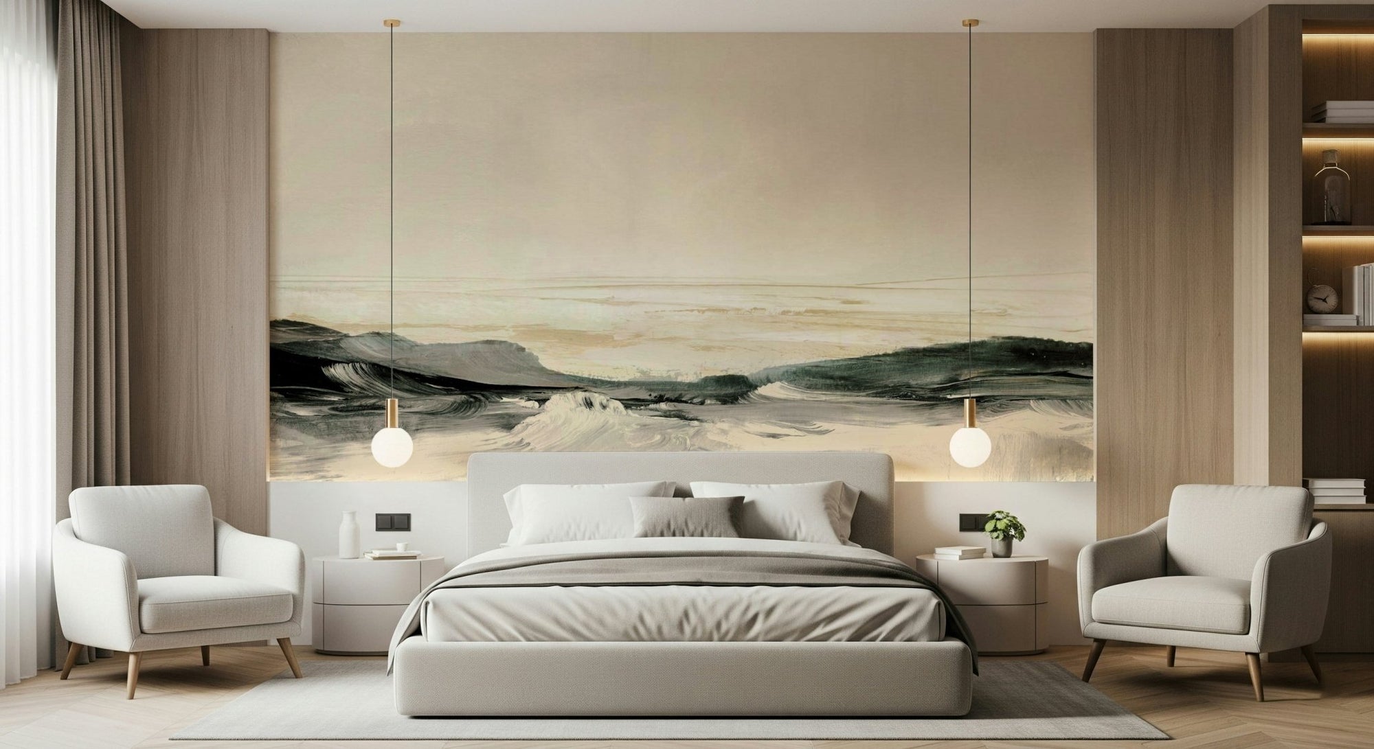 A beautiful panoramic coastal vista wallpaper mural for a serene home., GD5573