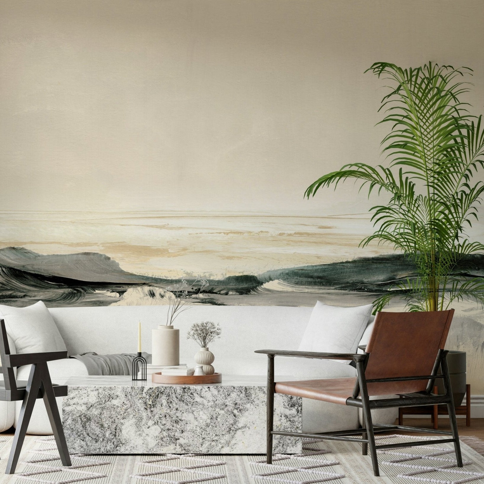 A graceful subtle pattern wall mural in cool, natural tones., GD5573