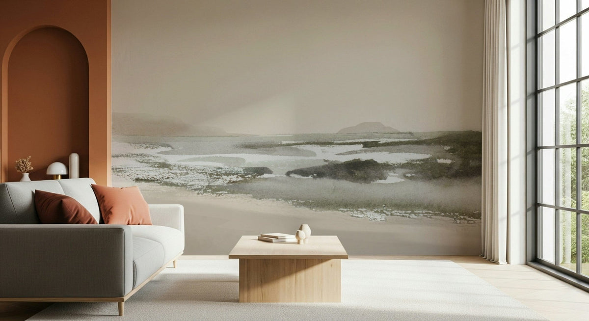 A beautiful coastal watercolor wallpaper mural with soft, dreamy ocean tones., GD5567