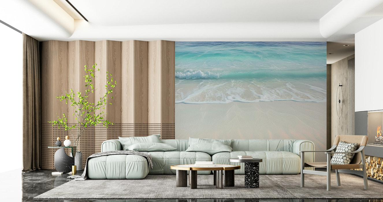 Coastal Paradise Wall Mural featuring turquoise waves on white sand for a modern living room.