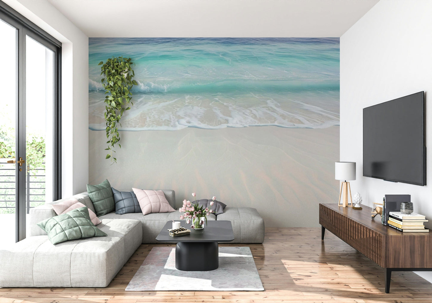 Calm ocean shore wall mural to create a relaxing atmosphere in a beach house lounge.