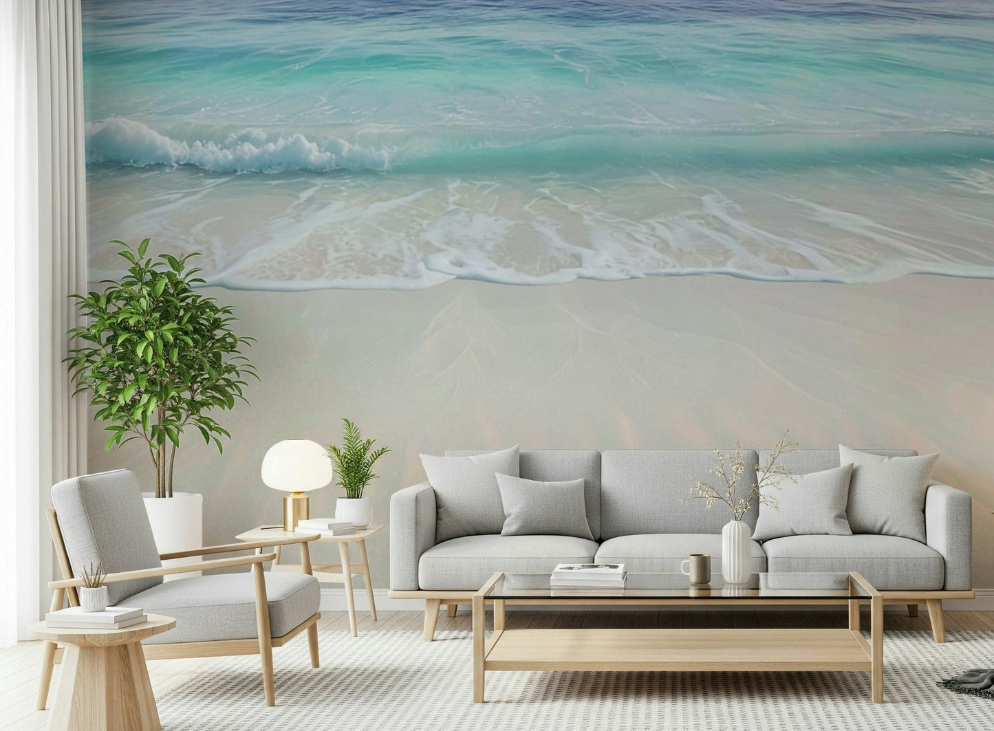 Top-down view of turquoise sea water and white sand beach wallpaper for bright interiors.