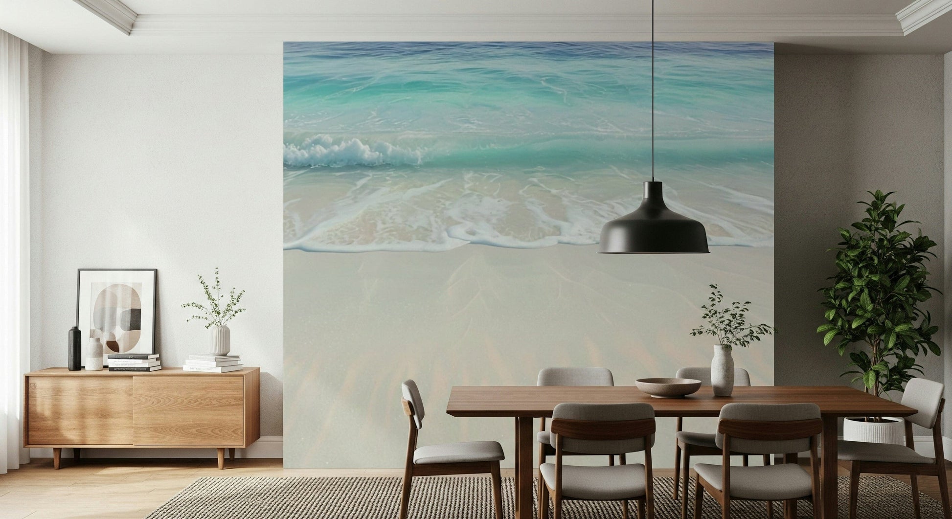 Soothing ocean wave mural for a home office feature wall with a bright airy feel.