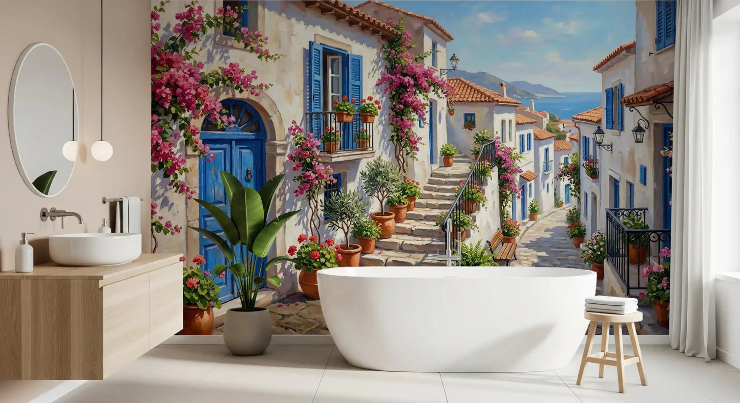 Bathroom finished with the Cobalt and Bougainvillea Dreams Wall Mural scenery., GD9101