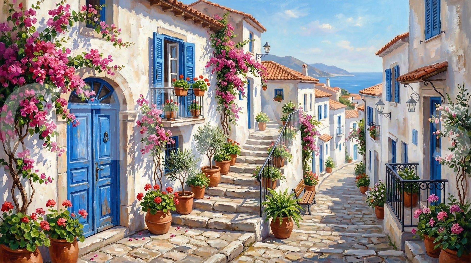 Removable and durable surface of the Cobalt and Bougainvillea Dreams Wall Mural item., GD9101