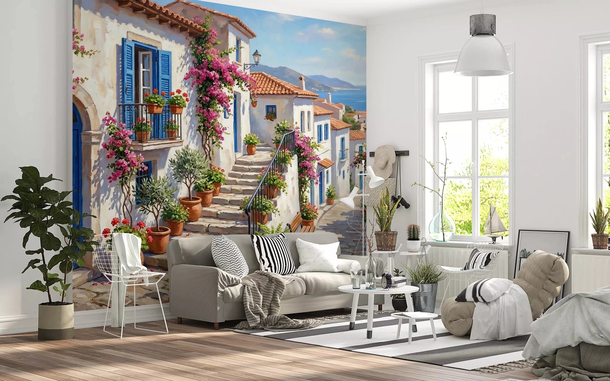 Modern living room featuring the Cobalt and Bougainvillea Dreams Wall Mural., GD9101