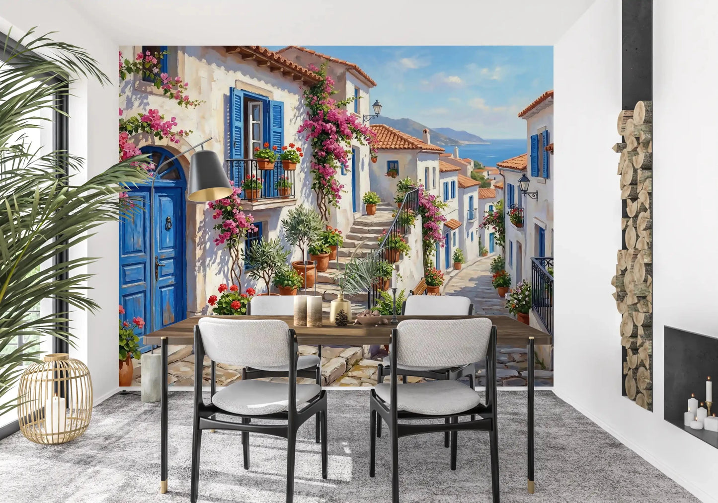 Dining room space showcasing the vivid Cobalt and Bougainvillea Dreams Wall Mural., GD9101