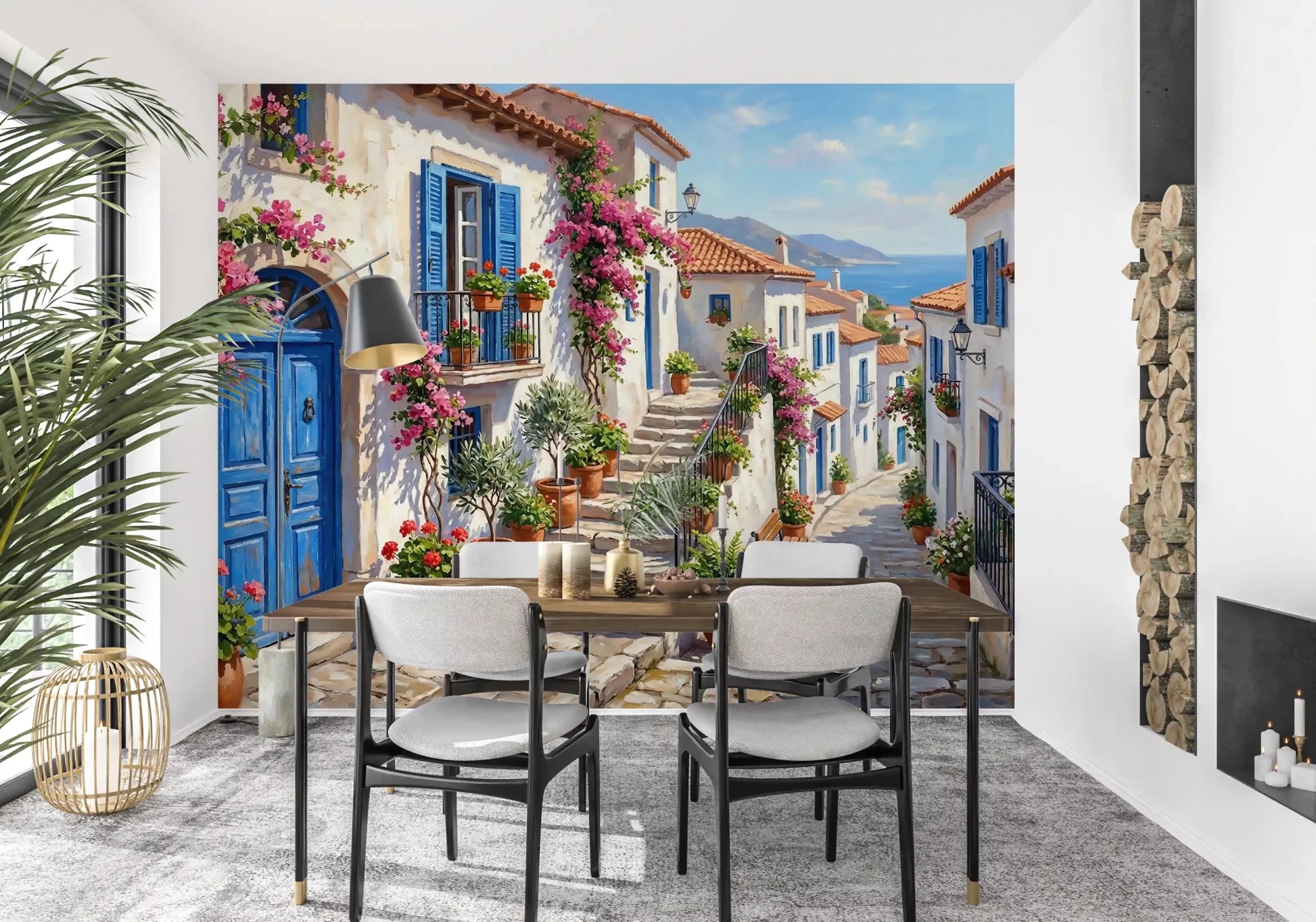 Dining room space showcasing the vivid Cobalt and Bougainvillea Dreams Wall Mural., GD9101