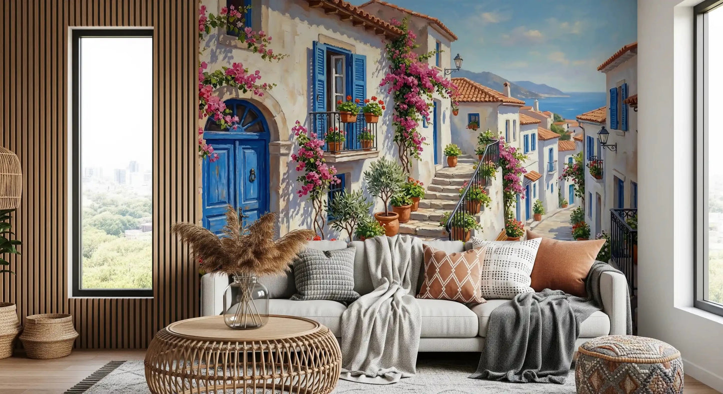 Vibrant blue doors and pink blooms in the Cobalt and Bougainvillea Dreams Wall Mural., GD9101