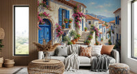 Vibrant blue doors and pink blooms in the Cobalt and Bougainvillea Dreams Wall Mural., GD9101