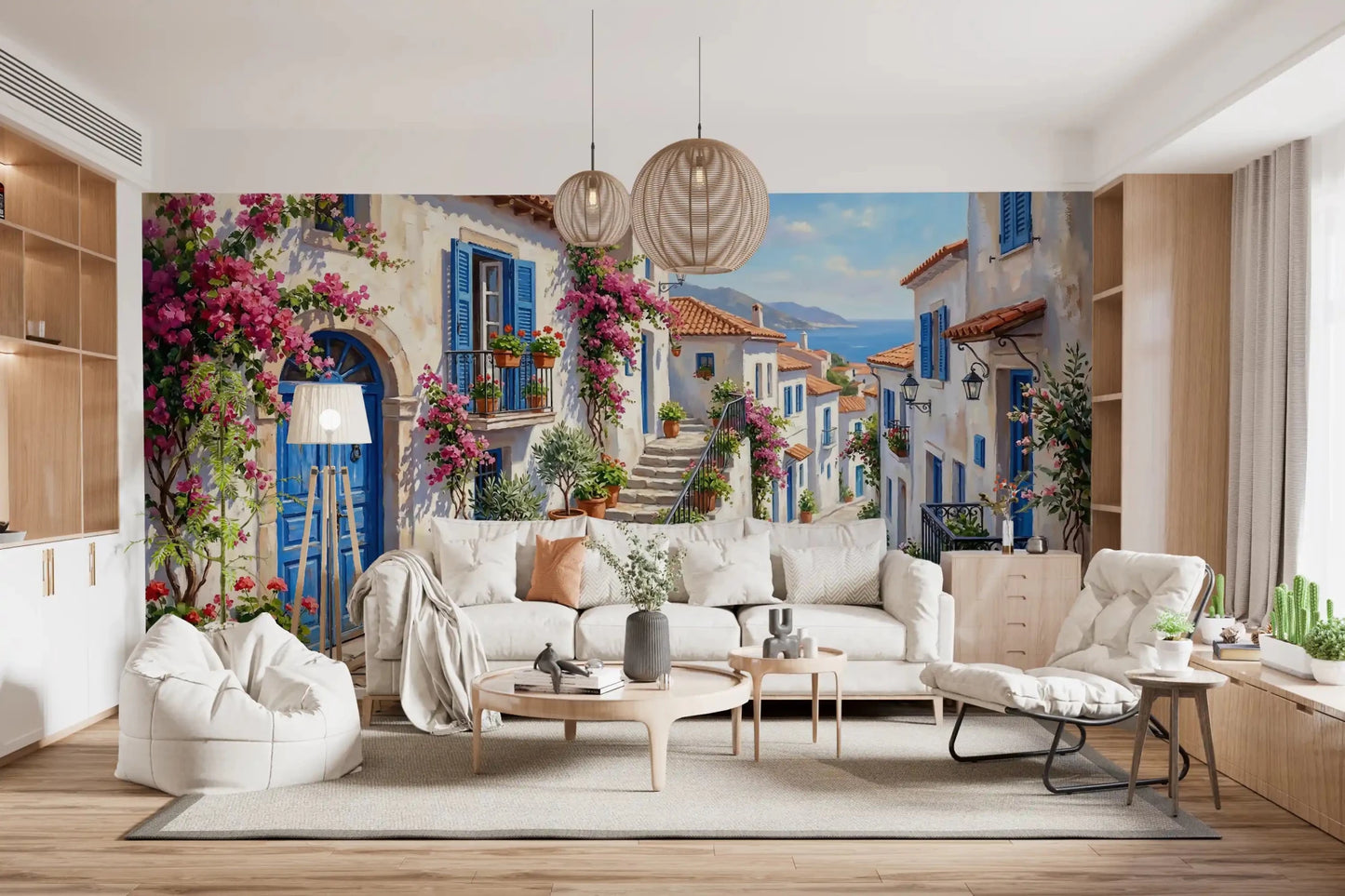 Cobalt and Bougainvillea Dreams Wall Mural installation for a cozy Living area., GD9101