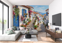 Coastal scenery and cobblestones on this Cobalt and Bougainvillea Dreams Wall Mural., GD9101