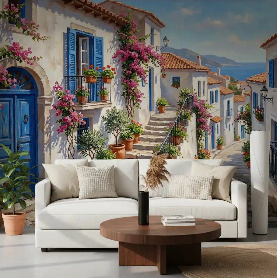 Living room with a scenic Cobalt and Bougainvillea Dreams Wall Mural focal point ., GD9101