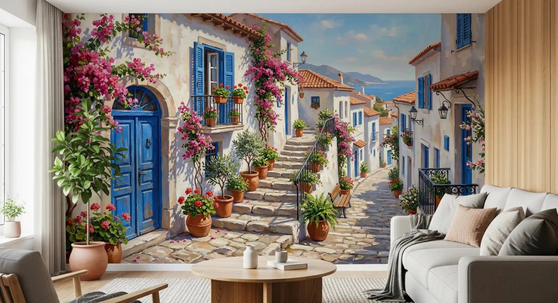 Spacious living room accented by the Cobalt and Bougainvillea Dreams Wall Mural., GD9101