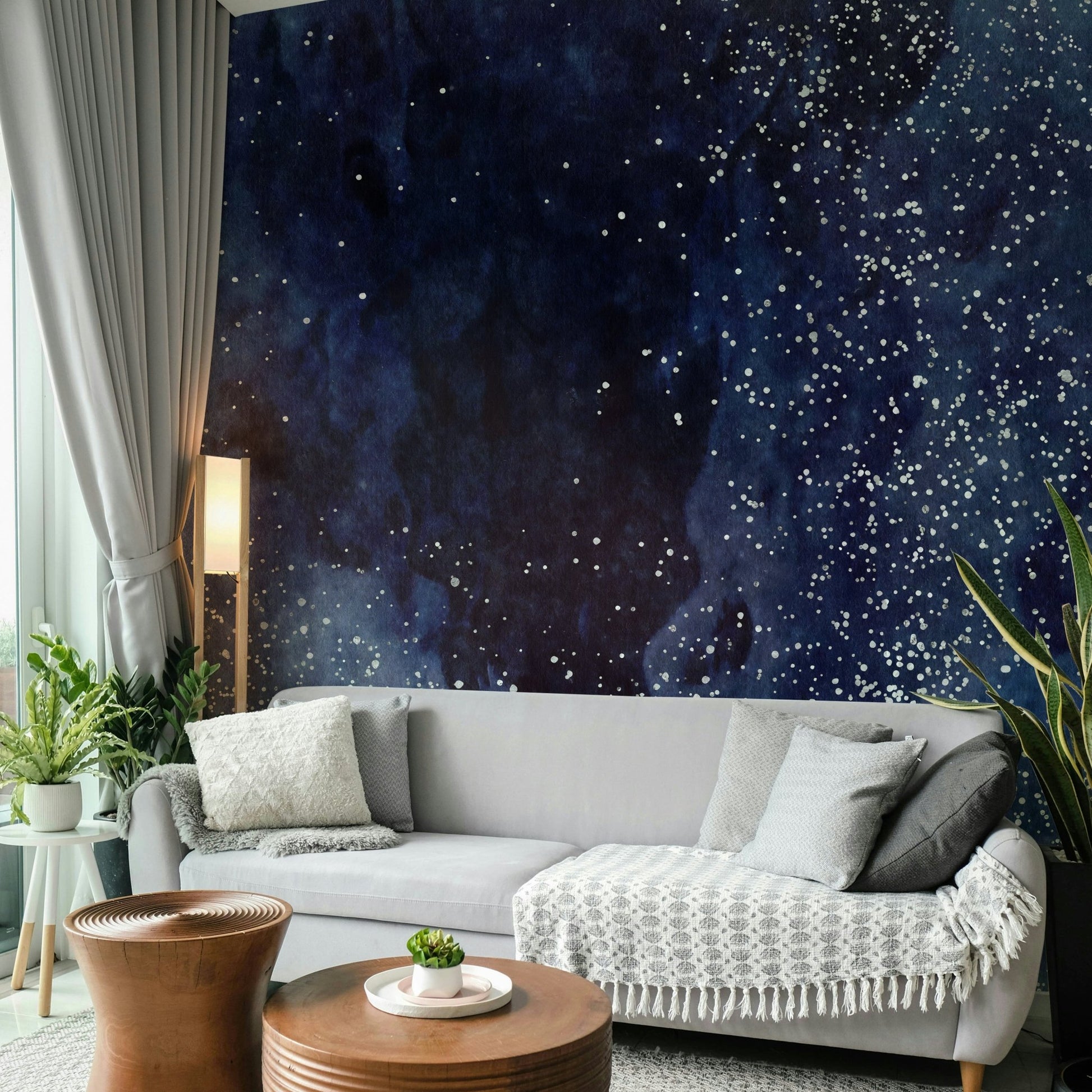 Dark cosmic hues with cobalt wall mural.

