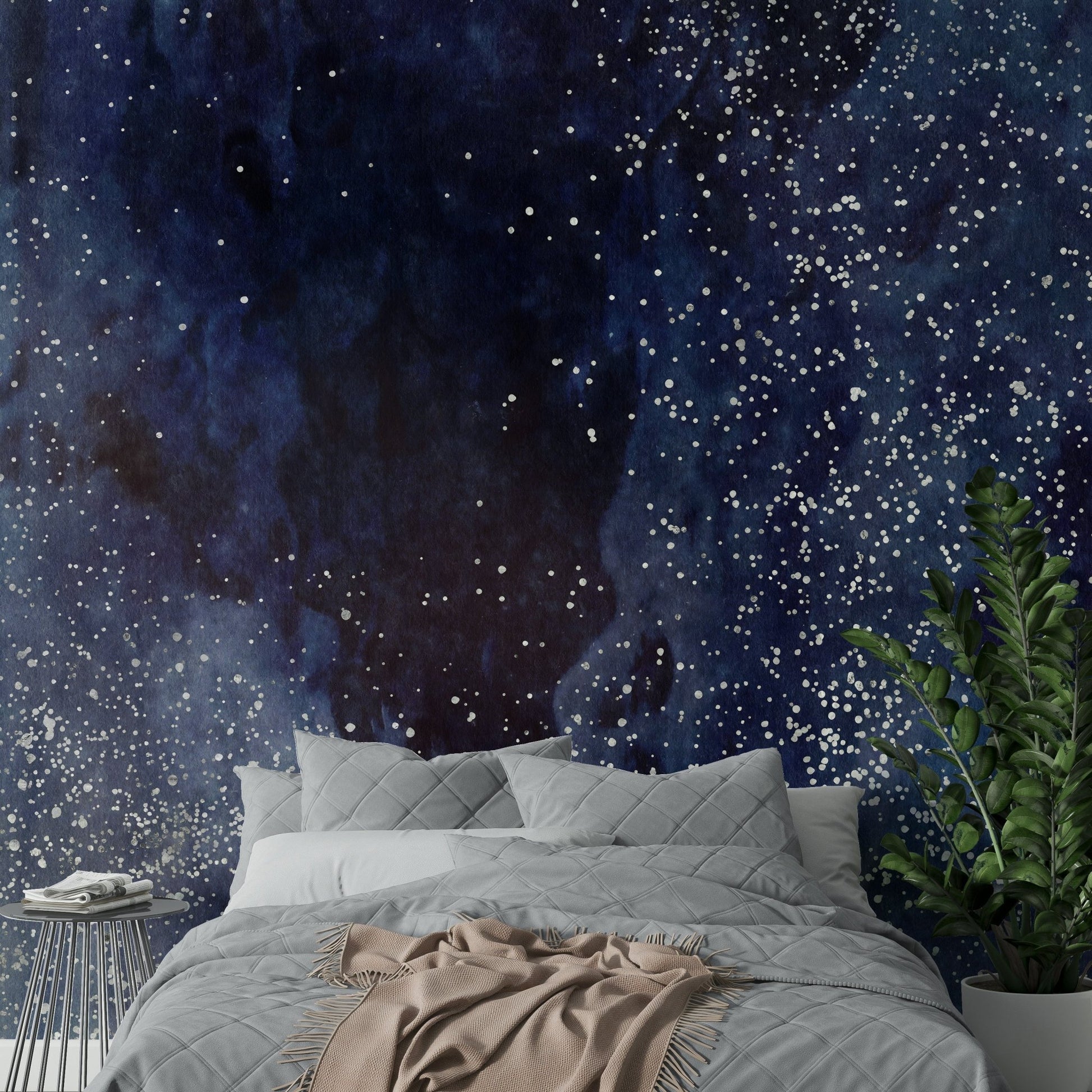 Deep blue cosmic design on wall mural.

