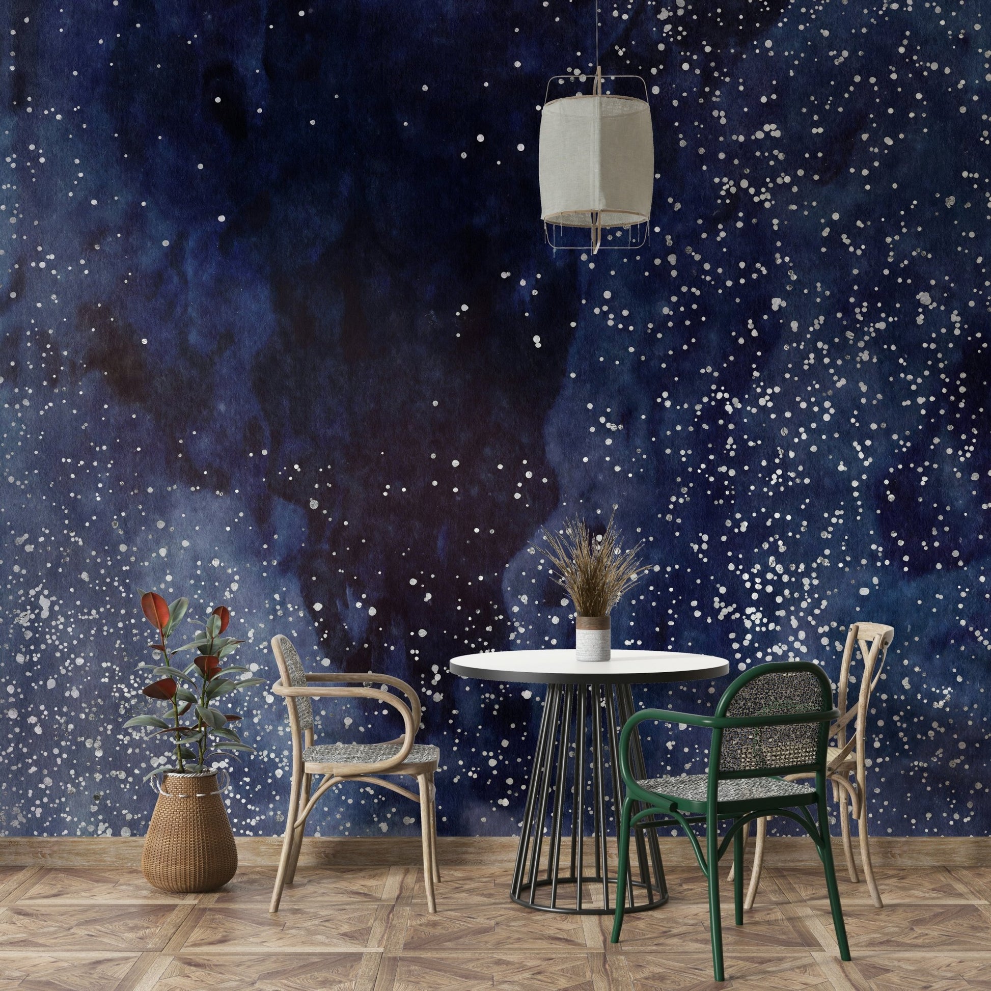 Cobalt galaxy-inspired mural for home interiors.

