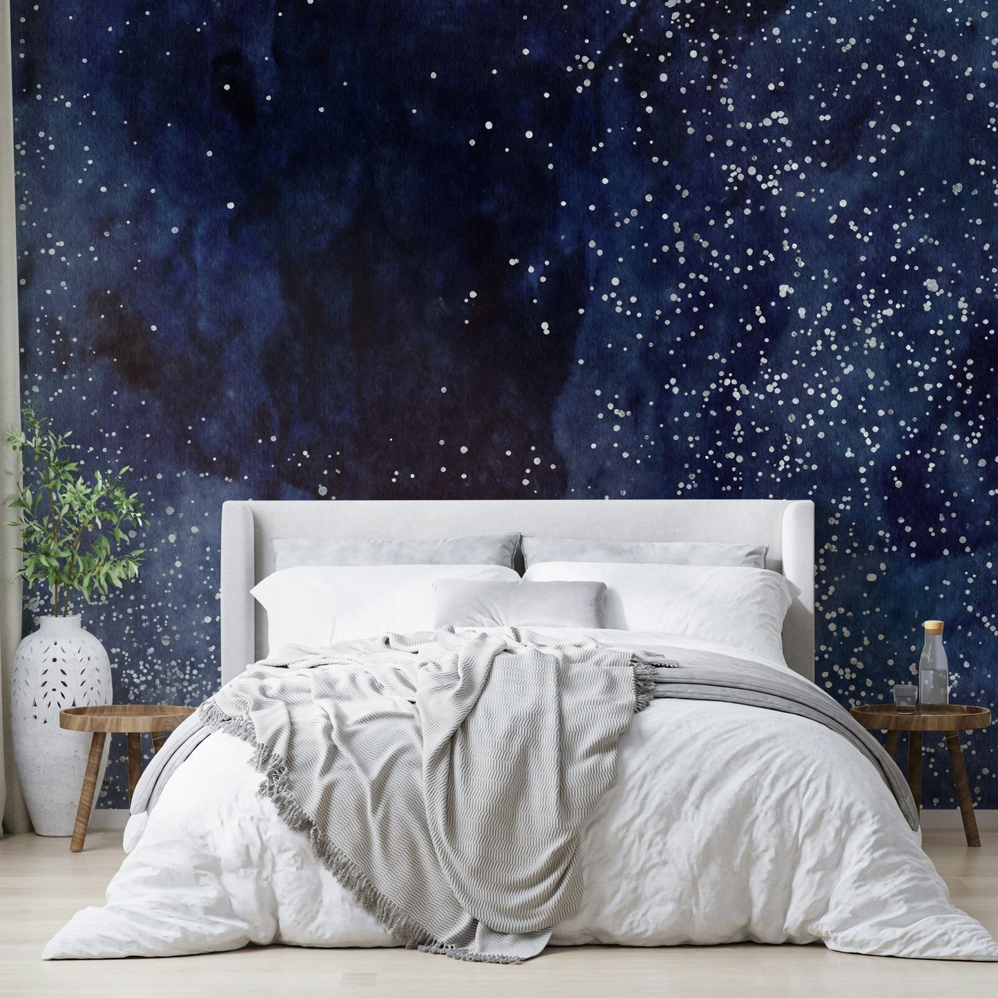 Bold cobalt galaxy wall art for living rooms.

