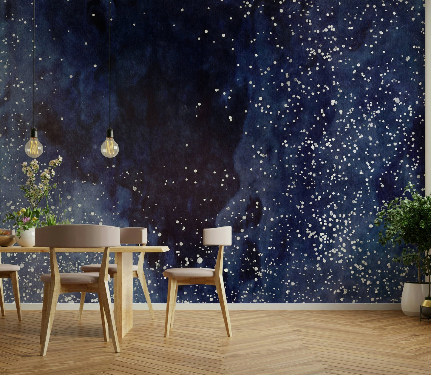Cobalt galaxy wall mural for modern decor.

