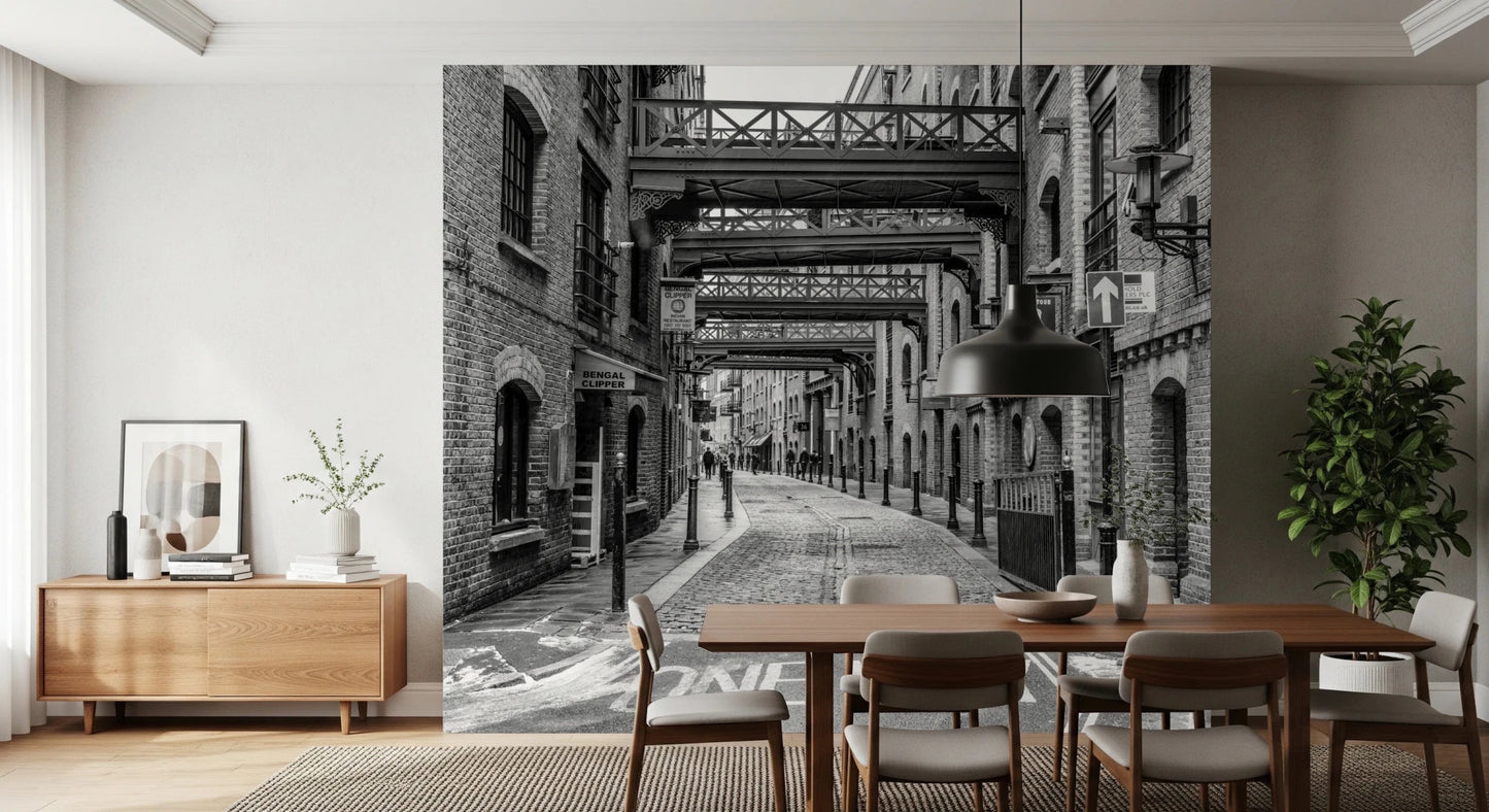 Urban passage view in Cobbled Street Wall Mural with layered walkways