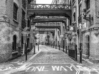 Symmetrical urban street in Cobbled Street Wall Mural with railings