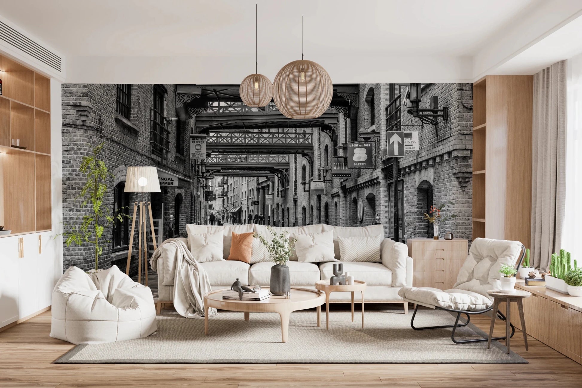 Hallway featuring Cobbled Street Wall Mural with black white city street