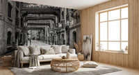 Monochrome alley scene in Cobbled Street Wall Mural with iron bridges