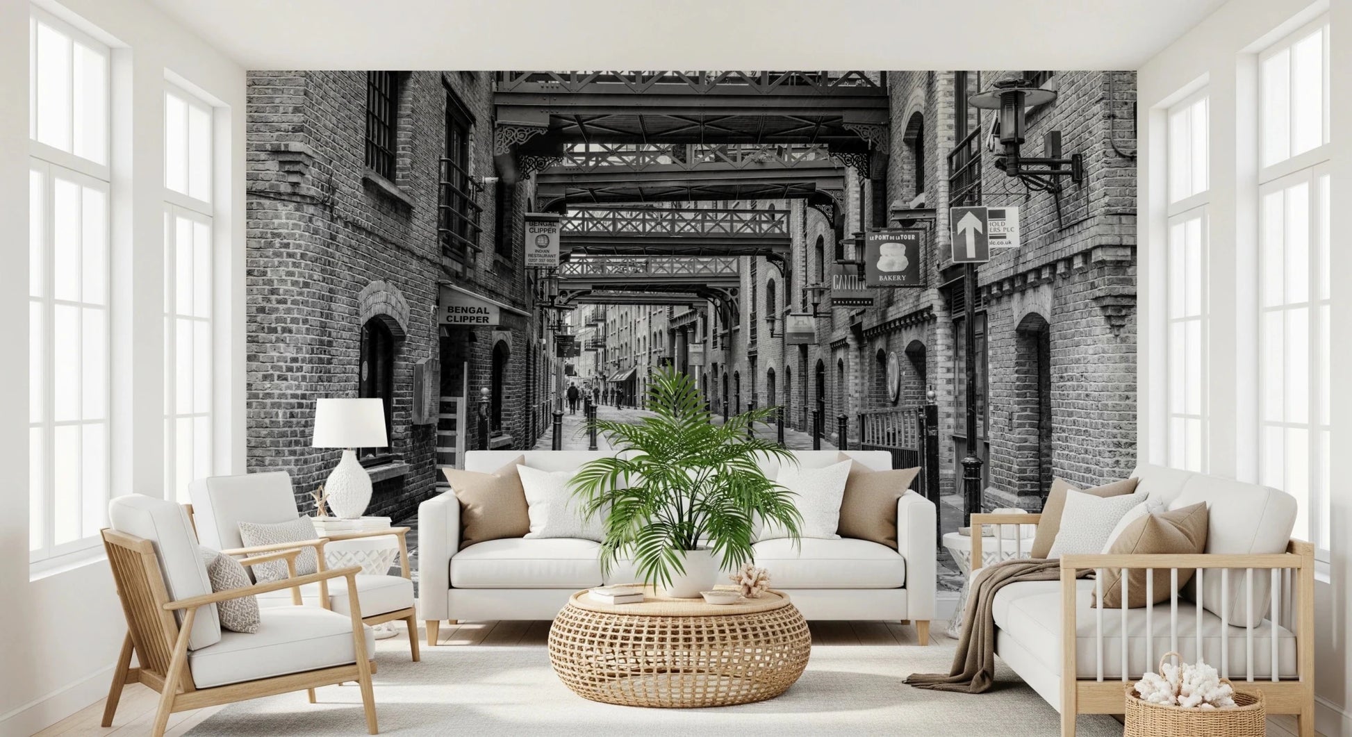 Black white street perspective in Cobbled Street Wall Mural with depth