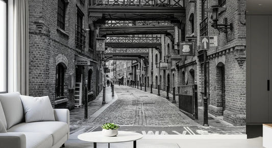Hallway styled with Cobbled Street Wall Mural showing vintage alley road
